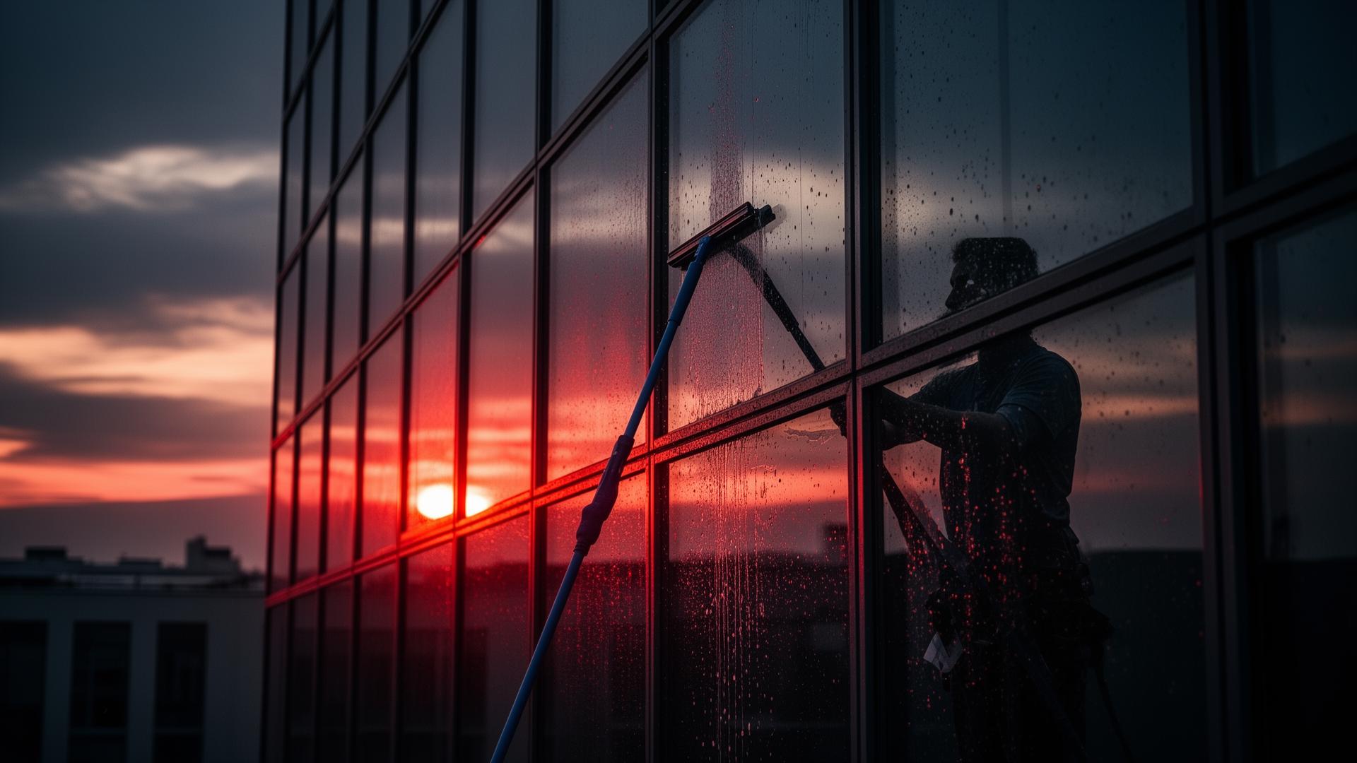 Professional window cleaning at sunset